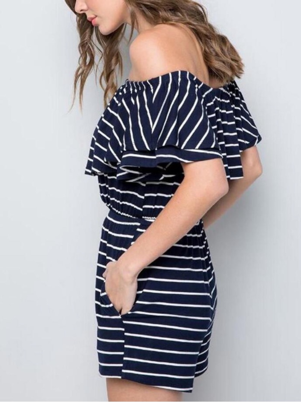 💙🤍Plus Size Sweet Lovely 
NWOT Navy Blue White Striped Off Shoulder Romper. 2X - Picture 3 of 4